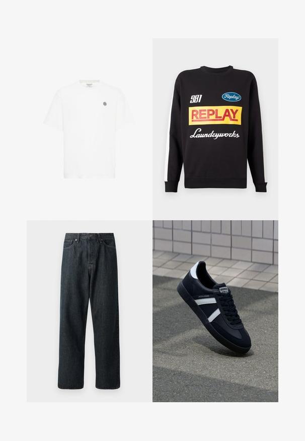 Sudadera negra de cuello redondo con rayas blancas en las mangas, que presenta logotipos de texto multicolores "Replay" y "Laundryworks" en la parte delantera.; Camiseta de manga corta blanca con un cuello redondo y un pequeño logo geométrico gris en el lado izquierdo del pecho. Fabricada en suave material de algodón.; Jeans de mezclilla oscura con un diseño de pierna recta, que cuentan con un diseño tradicional de cinco bolsillos y un cierre de botón metálico en la cintura.; Zapatilla de cuero negra con rayas blancas, suela de goma texturizada y parte frontal con cordones. Cuenta con una etiqueta de marca en la lengüeta.