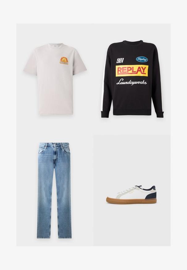 Sort crewneck sweatshirt med hvide striber på ærmerne, med flerfarvede "Replay" og "Laundryworks" tekstlogoer på fronten.; Lysegrå bomulds T-shirt med rund hals, der har et farverigt "Lone Château Replay" grafik i orange og blå på brystet.; Lyseblå denim straight-leg jeans med lommer, kobbernitter og en knaplukning. Har et falmet design og en ren kant.; Hvide lærreds-sneakers med marineblå og grå ruskindsdetaljer. Har en sål af gummigummi, rundet snude og klassisk snøredesign.