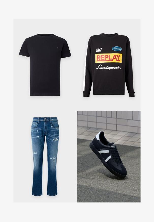 Zwarte crewneck sweatshirt met witte strepen op de mouwen, voorzien van kleurrijke "Replay" en "Laundryworks" tekstlogo's aan de voorkant.; Zwarte short-sleeve crew neck t-shirt met klein geborduurd logo op de linkerborst, eenvoudig ontwerp, ontspannen pasvorm.; Blauwe spijkerbroek met een rechte pijp, beschadigde details, rafelige patches en een klassieke vijf-pocketstyling.; Zwarte leren sneaker met witte strepen, een gestructureerde rubberen zool en vetersluiting aan de voorkant. Voorzien van een merklabel op de tong.