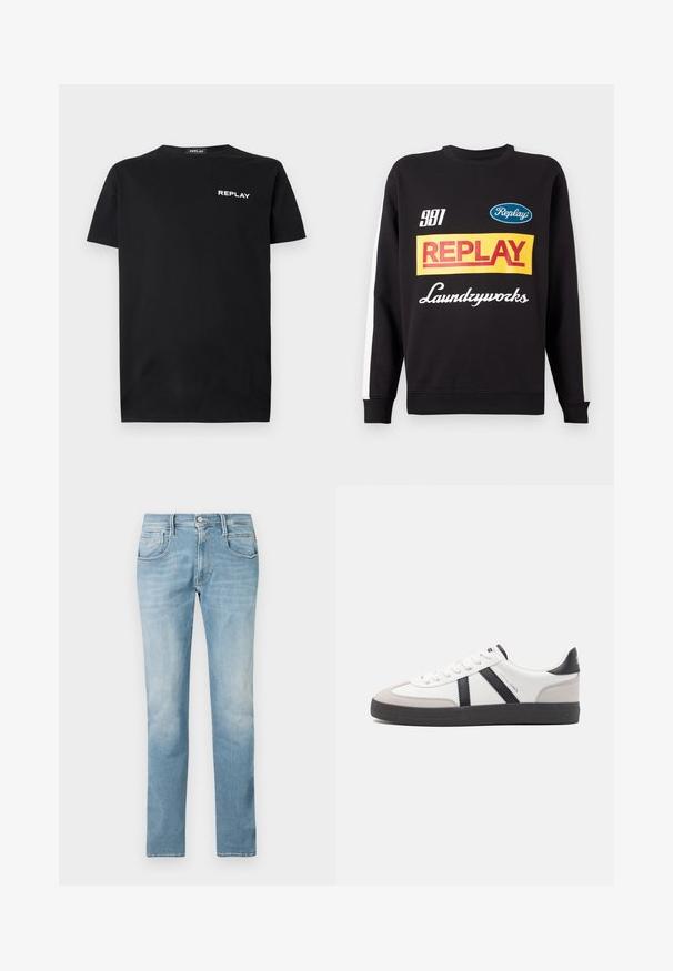 Schwarzer Rundhalspullover mit weißen Streifen an den Ärmeln, auf der Vorderseite mit mehrfarbigen "Replay"- und "Laundryworks"-Textlogos versehen.; Schwarzes Baumwoll-T-Shirt mit kurzen Ärmeln und Rundhalsausschnitt, mit einem weißen "REPLAY"-Logo auf der linken Brustseite. Glatte Textur.; Hellblaue Jeans aus Denim mit geradem Bein, fünf Taschen und einem gefragten Finish. Verfügt über einen vorderen Knopf- und Reißverschluss.; Weiße Sneaker mit schwarz- und grau-aczenten, ausgestattet mit einer strukturierten grauen Zehenkappe, schwarzer Gummi-Sohle und flachen weißen Schnürsenkeln. Sauberes Design, minimalistische Stil.