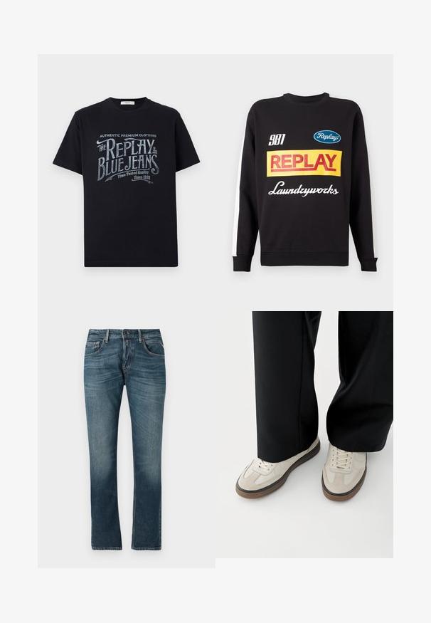 Schwarzer Rundhalspullover mit weißen Streifen an den Ärmeln, auf der Vorderseite mit mehrfarbigen "Replay"- und "Laundryworks"-Textlogos versehen.; Schwarzes Baumwoll-T-Shirt mit kurzen Ärmeln und rundem Halsausschnitt, mit einem grafischen Textdesign im Vintage-Stil in Weiß und hellblau auf der Vorderseite.; Blaue Jeans aus Denim mit geradem Bein, faded Waschung, Fünf-Taschen-Design und kontrastierender Nähten. Knopf- und Reißverschluss.; Füße mit beigen Sneakers mit braunen Sohlen und schwarzen Hosen mit weitem Bein auf weißem Hintergrund.