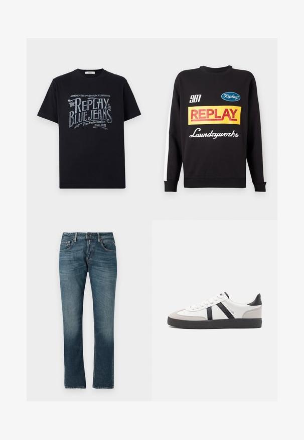 Schwarzer Rundhalspullover mit weißen Streifen an den Ärmeln, auf der Vorderseite mit mehrfarbigen "Replay"- und "Laundryworks"-Textlogos versehen.; Schwarzes Baumwoll-T-Shirt mit kurzen Ärmeln und rundem Halsausschnitt, mit einem grafischen Textdesign im Vintage-Stil in Weiß und hellblau auf der Vorderseite.; Blaue Jeans aus Denim mit geradem Bein, faded Waschung, Fünf-Taschen-Design und kontrastierender Nähten. Knopf- und Reißverschluss.; Weiße Sneaker mit schwarz- und grau-aczenten, ausgestattet mit einer strukturierten grauen Zehenkappe, schwarzer Gummi-Sohle und flachen weißen Schnürsenkeln. Sauberes Design, minimalistische Stil.