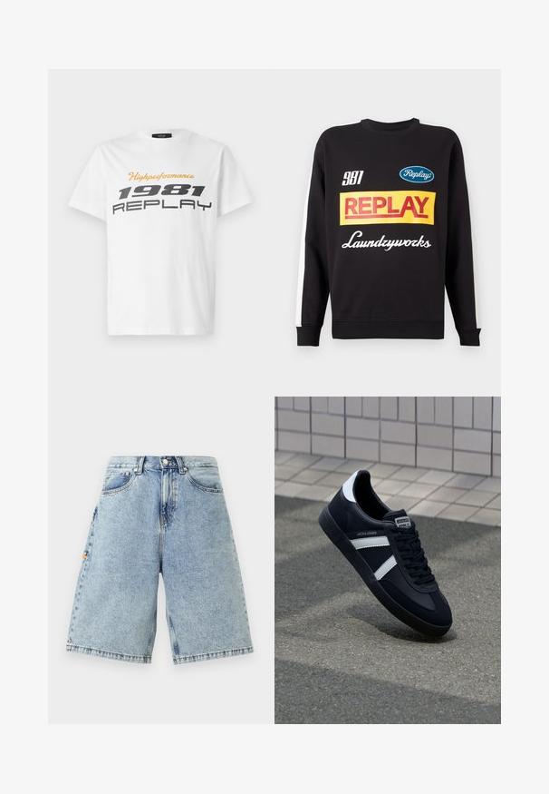 Sort crewneck sweatshirt med hvide striber på ærmerne, med flerfarvede "Replay" og "Laundryworks" tekstlogoer på fronten.; Replay SHORT SLEEVE GRAPHIC - T-shirts print - natural white; Blå denim shorts med høj talje, løs pasform, fem lommer og synlige sy-detaljer. Glat tekstur med en lys vaskefinish.; Sort lædersneaker med hvide striber, tekstureret gummisål og snørrebånd foran. Har et brandet mærke på tungen.