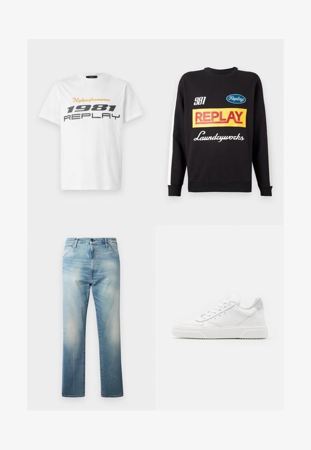 Čierna mikina s okrúhlym výstrihom a bielymi pruhmi na rukávoch, so viacfarebnými nápismi "Replay" a "Laundryworks" na prednej strane.; Replay SHORT SLEEVE GRAPHIC - Tričko s potlačou - natural white; Replay WAINE PANTS - Džínsy voľného strihu - light blue; Biele kožené tenisky s hladkým povrchom, zaoblenou špičkou, plochými šnúrkami a textúrovanou podrážkou. Sivý semišový akcent na päte.