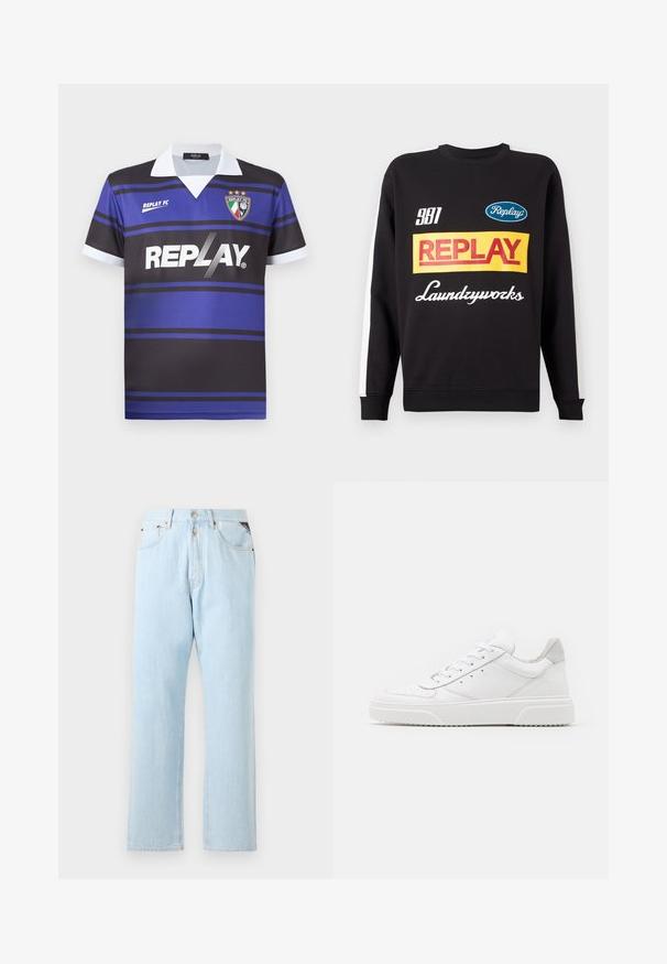 Schwarzer Rundhalspullover mit weißen Streifen an den Ärmeln, auf der Vorderseite mit mehrfarbigen "Replay"- und "Laundryworks"-Textlogos versehen.; Schwarz-blaues Fußballtrikot mit horizontalen Streifen, weißem Kragen und "REPLAY"-Logo. Mit einem Wappensymbol mit Sternen darüber.; Hellblaue Jeans aus Denim mit geradem Bein. Verfügt über einen Knopf- und Reißverschluss, fünf Taschen und kontrastierende Nähte.; Weiße Leder-Sneaker mit glatter Oberfläche, rundem Zehenbereich, flachen Schnürsenkeln und strukturiertem Schuhsohlen. Graues Wildleder-Detail an der Ferse.