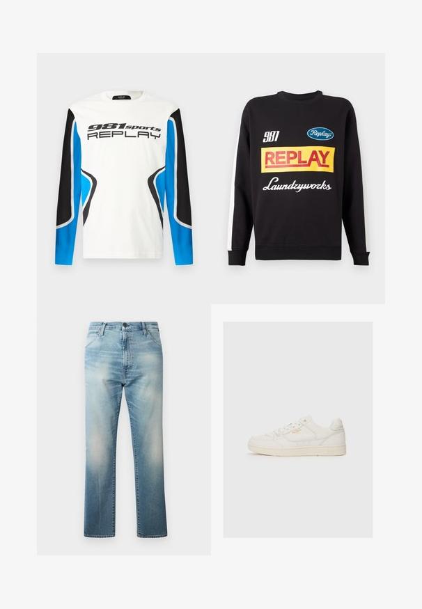 Zwarte crewneck sweatshirt met witte strepen op de mouwen, voorzien van kleurrijke "Replay" en "Laundryworks" tekstlogo's aan de voorkant.; Langermige sportshirt met een witte voorkant, zwart en blauwe mouwen en het logo "981 sports REPLAY" gedrukt op de borst.; Replay WAINE PANTS - Relaxed fit jeans - light blue; Witte leren sneaker met een gladde textuur, voorzien van geperforeerde accenten, vetersluiting aan de voorkant en een subtiel logo in goud aan de zijkant.