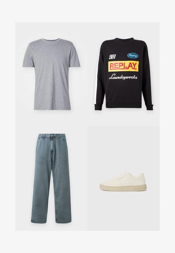 Sort crewneck sweatshirt med hvide striber på ærmerne, med flerfarvede "Replay" og "Laundryworks" tekstlogoer på fronten.; Grå, kortærmet t-shirt lavet af en bomuldsblanding, der har en klassisk crew neckline og en glat, blød tekstur.; Lysblå denimbukser med lige benpasform, der har en klassisk knaplukning og fem-lomme design. Blød tekstur og minimale syningsdetaljer.; Hvide kanvas sneakers med en tekstureret gummisål, der har en syet tåhætte og logoaccent på hælen. Simpel snørebåndsdesign.