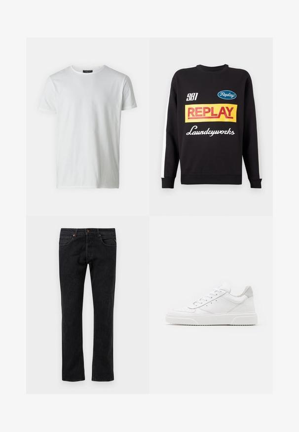 Μαύρη μπλούζα crewneck με λευκές ρίγες στα μανίκια, featuring πολύχρωμα λογότυπα "Replay" και "Laundryworks" στο μπροστινό μέρος.; Λευκό κοντομάνικο μπλουζάκι με κωνικό λαιμό σε ύφασμα βαμβακιού με απαλή υφή. Διαθέτει ετικέτα στον λαιμό. Απλός, ίσιος σχεδιασμός.; Μαύρα τζιν παντελόνια με ίσια γραμμή, με πέντε τσέπες, απαλή φθορά και πορτοκαλί ραφές.; Λευκά δερμάτινα αθλητικά παπούτσια με απλή επιφάνεια, στρογγυλή μύτη, επίπεδα κορδόνια και ανάγλυφη σόλα. Γκρι σουέτ λεπτομέρεια στη φτέρνα.