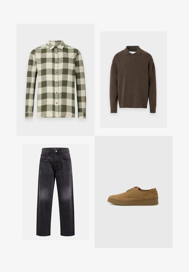 Bruine gebreide trui met een kraag, twee knopen vooraan en geribbelde manchetten en zoom. Zachte textuur, losse pasvorm.; Lange mouwen shirt in een groen en crème checkpatroon, gemaakt van lichte stof, met een button-down kraag en knopen aan de voorkant.; Zwarte denim jeans met een recht gesneden ontwerp, voorzien van een taillehoogte op middenhoogte, twee voorzakken en subtiele vervaging, wat zorgt voor een klassieke uitstraling.; Bruine suède veterschoen voor vrijetijdskleding met een platte rubberen zool, zijaanzicht tegen een eenvoudige lichte achtergrond.