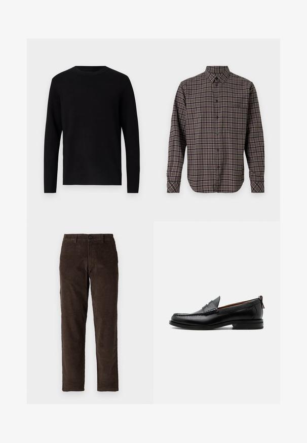 Zwarte gebreide trui met een ronde halslijn en lange mouwen. Soepele textuur en effen kleur, zonder zichtbare patronen of accenten.; Langemouwen flanellen shirt in donkergroen, met een geruit patroon van roze en witte lijnen, knoopsluiting en een enkele borstzak.; Bruine corduroybroek met een recht model, voorzien van een knoopsluiting aan de voorkant en standaard riemlussen. Soepele textuur en een klassieke snit.; Zwarte leren herensloffen met moc toe stiksel, pennyriem, gestructureerde kraag en lage gestapelde hak op witte achtergrond.