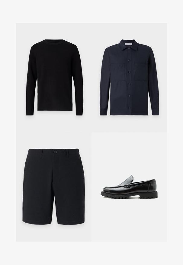 Sort striktrøje med rund hals og lange ærmer. Glat tekstur og ensfarvet, uden synlige mønstre eller accenter.; Samsøe Samsøe TAKA JO OVERSHIRT - Skjorter - dark blue; Sorte shorts i et tekstureret stof, med knaplukning, bæltestropper og sidelommer; skræddersyet pasform med rene, syede kanter.; Sort læderloafer med chunky gummisål, syet overdel og præget mærkenavn på hælen, vist i sideprofil på hvid baggrund.
