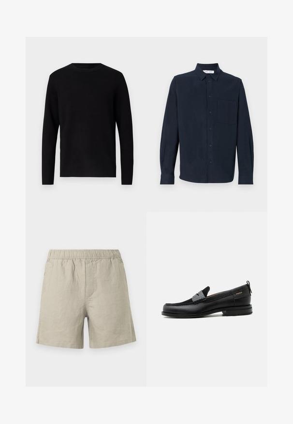 Pull en maille noir avec un col rond et des manches longues. Texture lisse et couleur unie, sans motifs ni accents visibles.; Chemise à manches longues bleu marine en tissu doux, avec un devant boutonné, un col pointu et une poche poitrine simple.; Shorts en lin beige clair avec une taille élastique, dotés d'une coupe droite et de détails de couture latérale. Texture lisse et respirante.; Mocassin en cuir noir avec détail de bride grise, talon bas et semelle texturée, marqué "HUGO" en or sur le côté.