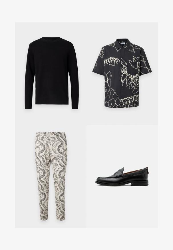 Pull en maille noir avec un col rond et des manches longues. Texture lisse et couleur unie, sans motifs ni accents visibles.; Chemise noire à manches courtes avec des motifs abstraits blancs en lignes et une poche poitrine sur un fond uni.; Pantalons à motifs avec un design de serpent en noir et gris sur un fond beige clair, dotés d'une fermeture à bouton et d'une coupe slim.; Mocassin homme en cuir noir avec couture moc toe, bride penny, col texturé et petit talon empilé sur fond blanc.
