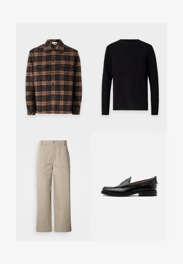 Pull en maille noir avec un col rond et des manches longues. Texture lisse et couleur unie, sans motifs ni accents visibles.; Chemise en flanelle à carreaux marron et noir avec un devant à boutons, deux poches poitrine et un col. Texture douce et coupe décontractée.; Pantalon beige à jambes larges en coton ; doté de poches plaquées à l'avant, d'une fermeture à bouton et de coutures visibles le long des ourlets.; Mocassin homme en cuir noir avec couture moc toe, bride penny, col texturé et petit talon empilé sur fond blanc.