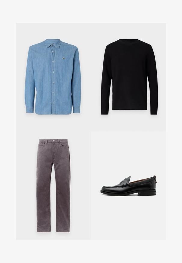 Pull en maille noir avec un col rond et des manches longues. Texture lisse et couleur unie, sans motifs ni accents visibles.; Chemise en denim bleu clair avec un col boutonné, des manches longues et un petit logo brodé sur la poitrine gauche. Présente une fermeture à boutons sur le devant.; Pantalon en velours côtelé marron à jambe droite avec poches avant et passants de ceinture, présenté sur un fond blanc uni.; Mocassin homme en cuir noir avec couture moc toe, bride penny, col texturé et petit talon empilé sur fond blanc.