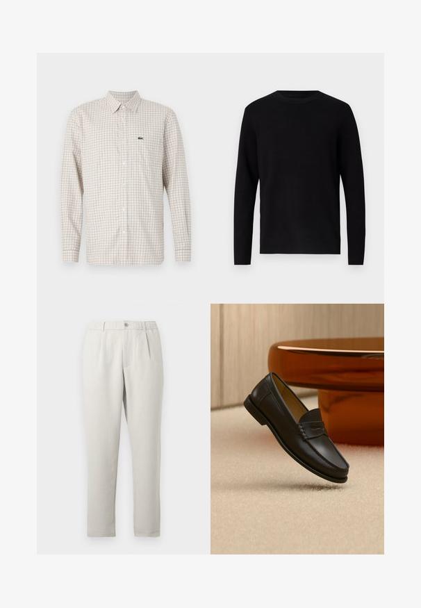 Pull en maille noir avec un col rond et des manches longues. Texture lisse et couleur unie, sans motifs ni accents visibles.; Chemise beige à manches longues avec motif quadrillé rouge et bleu, fermée par des boutons à l'avant, col et logo crocodile vert sur la poitrine gauche.; Pantalon beige clair à coupe décontractée avec une légère brillance, doté d'une taille élastique, de poches avant et d'une coupe fuselée.; Chaussure mocassin en cuir noir suspendue au-dessus d’un tapis beige avec du mobilier moderne couleur ambre en arrière-plan.