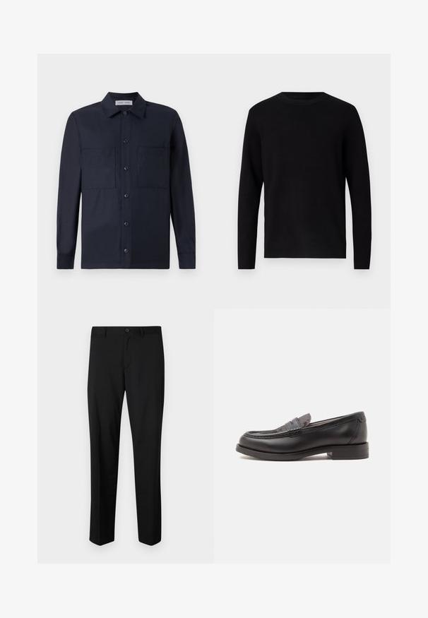 Sort striktrøje med rund hals og lange ærmer. Glat tekstur og ensfarvet, uden synlige mønstre eller accenter.; Samsøe Samsøe TAKA JO OVERSHIRT - Skjorter - dark blue; Sorte skræddersyede bukser med flad front, standard talje og lige ben. Lavet af glat stof, med en enkelt knaplukning.; Sort læderloafer med lav hæl og tekstureret øverste del, vist fra siden på en ensfarvet lys baggrund.