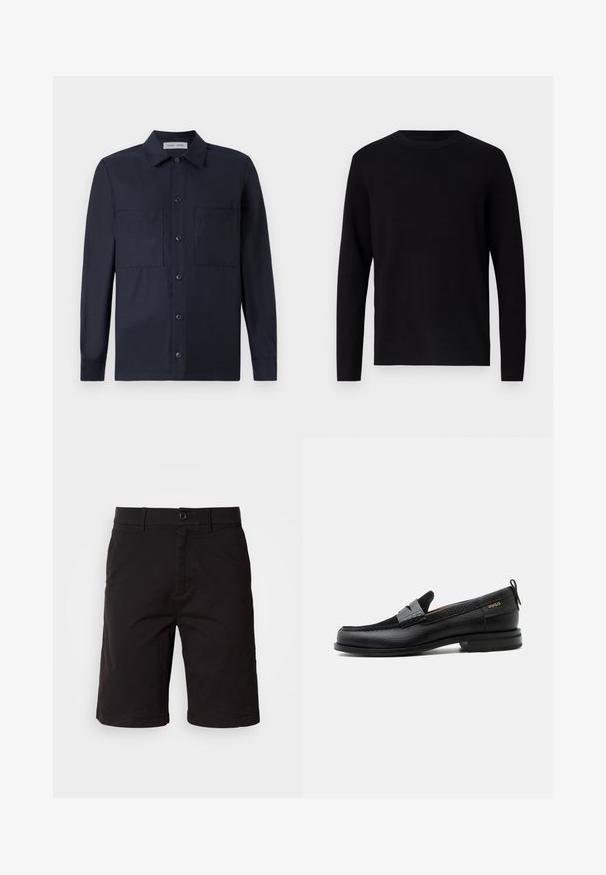 Sort striktrøje med rund hals og lange ærmer. Glat tekstur og ensfarvet, uden synlige mønstre eller accenter.; Samsøe Samsøe TAKA JO OVERSHIRT - Skjorter - dark blue; Sorte shorts lavet af et letvægtsstof, med knaplukning foran, bæltesløjfer, sidelommer og lige snit med omslag på kanterne.; Sort læderloafer med grå remdetalje, lav hæl og tekstureret sål, mærket med "HUGO" i guld på siden.
