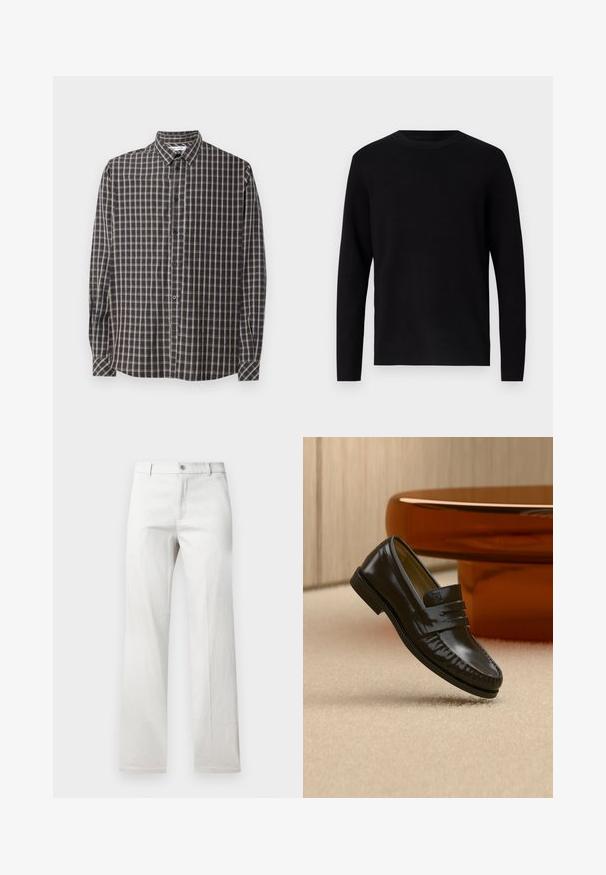 Suéter negro de punto con cuello redondo y mangas largas. Textura suave y color sólido, sin patrones ni acentos visibles.; Camisa de botones de manga larga en un patrón de cuadros en azul oscuro y beige. Presenta un cuello clásico y botones en el frontal, con un dobladillo recto.; Pantalones grises claros con un diseño de pierna recta, fabricados en una tela suave, con cierre frontal de botón y bolsillos laterales.; Mocasín de cuero negro brillante con detalle de correa, colocado sobre una alfombra beige cerca de una mesa de café redonda marrón en una habitación con iluminación suave.