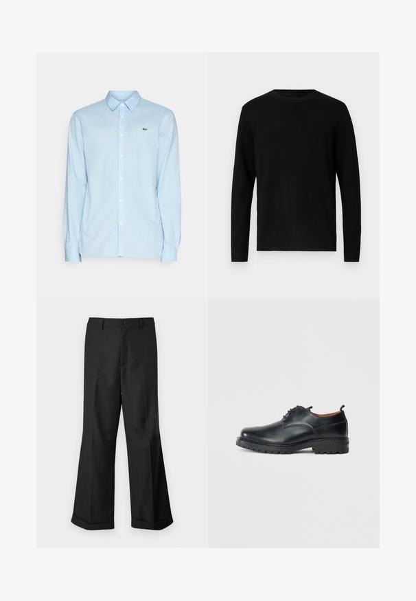Pull en maille noir avec un col rond et des manches longues. Texture lisse et couleur unie, sans motifs ni accents visibles.; Chemise à manches longues bleu clair en tissu doux, avec un col classique, un devant à boutons et un petit logo vert sur la poitrine.; Pantalons noirs à jambes larges avec taille boutonnée et ourlets retroussés, présentés sur un arrière-plan blanc uni.; Chaussures derby en cuir noir avec une texture lisse, bout rond, design à lacets et une semelle en caoutchouc épaisse et robuste.