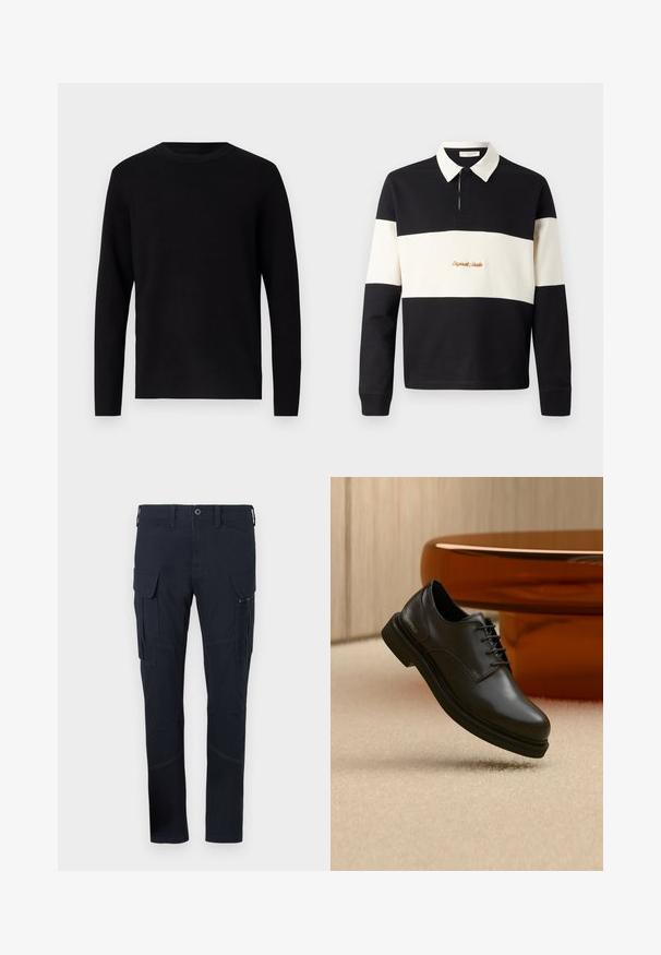 Must musträtik, millel on ümar kaelus ja pikad varrukad. Sile tekstuur ja ühtlane värv, ilma nähtavate mustrite või aksessuaarideta.; Jack & Jones Sweats Sweats - Polosärk - black; Tumedast tumesinise kangaga cargo-püksid, millel on mitu taskut, sealhulgas külje-cargo taskud ja nähtavad õmbluse detailid. Kitsas lõige.; Mustast nahast paeltega king hõljumas beežikal vaibal, taustal läikiva pruuni ümaraga esemega.