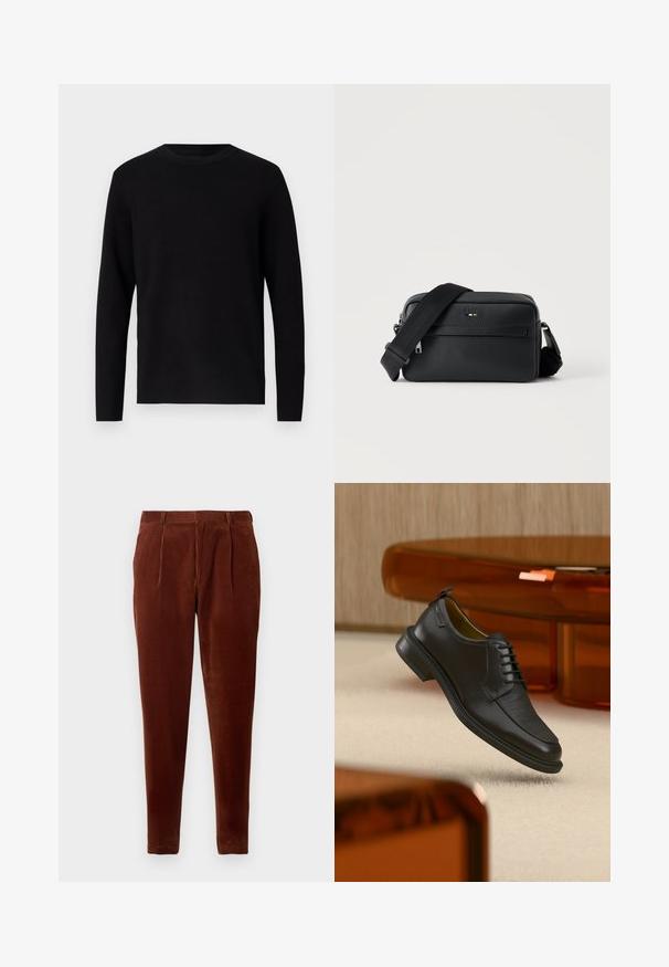 Pull en maille noir avec un col rond et des manches longues. Texture lisse et couleur unie, sans motifs ni accents visibles.; Pantalon en velours côtelé marron avec une coupe droite, doté de plis sur le devant, de deux poches latérales et d'une texture lisse. Convient pour un usage décontracté.; Chaussure habillée noire en cuir à lacets avec devant texturé, flottant au-dessus d'un tapis beige dans une pièce moderne avec des meubles teintés d'ambre.; Sac bandoulière en cuir noir texturé avec poche avant zippée et bandoulière large en tissu réglable sur fond blanc.