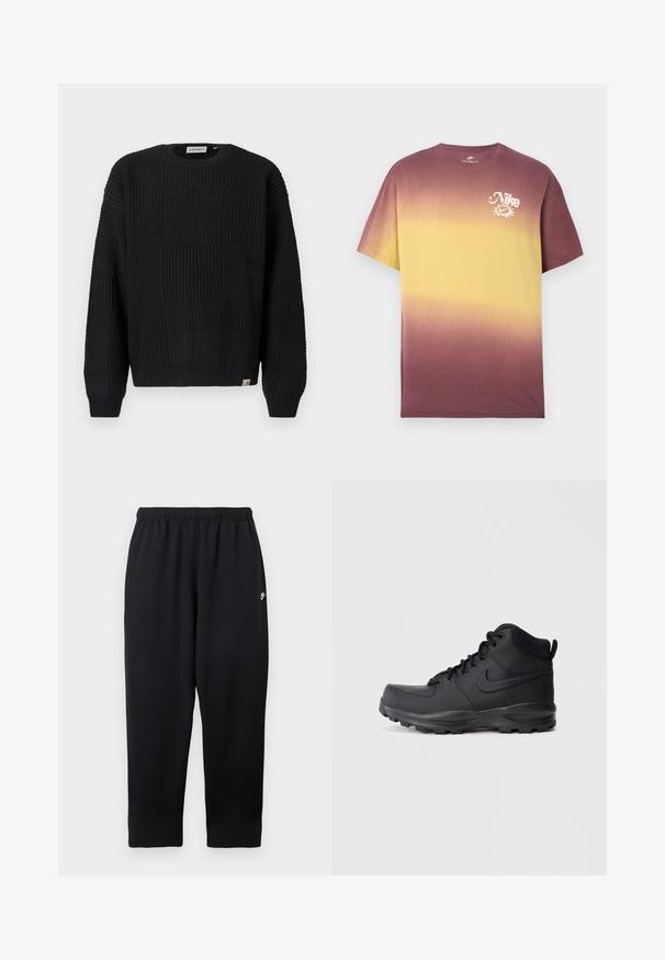 Sort strikket sweater med et struktureret, patchwork-design. Har rund halsudskæring, lange ærmer og en lille mærkelogo på kanten.; Kortærmet T-shirt med en gradient fra gul til burgundy, lavet af bomuld, med et hvidt Nike-logo på venstre bryst.; Sorte joggingbukser med elastisk taljebånd, der har et lille hvidt logo på venstre side. Fremstillet af blødt, let stof. Lige ben.; Sort high-top sneakers med en glat syntetisk overdel, rund tå, polstret krave og tekstureret gummisål. Har snørebåndsdesign og logoaccent.