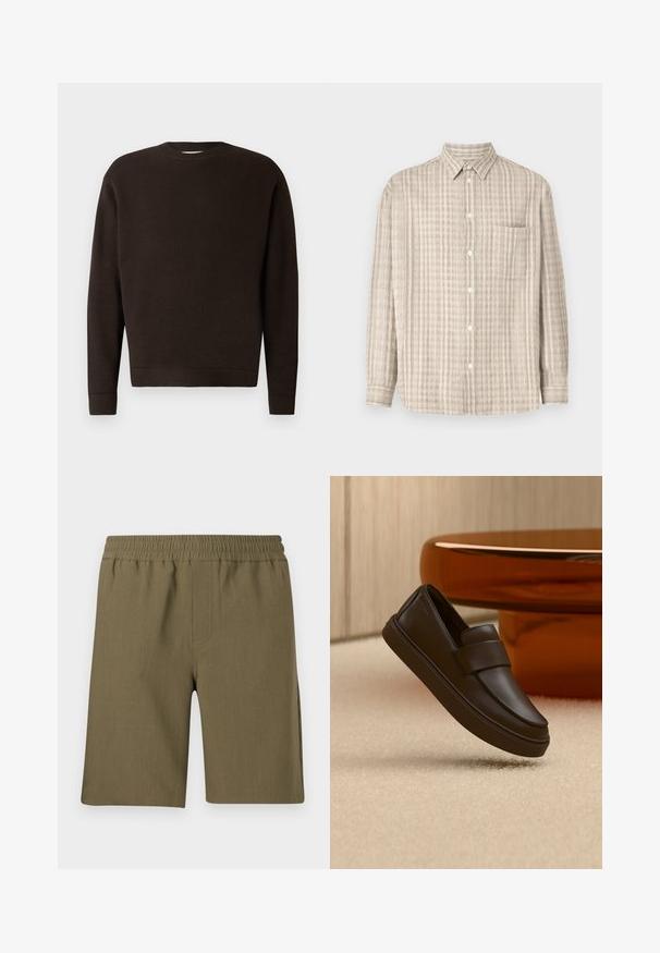 Pull noirâtre encolure ras du cou fabriqué à partir d'un tissu texturé. Présente des manches longues et des poignets et un ourlet côtelés. Design minimaliste sans motifs ni accents.; Chemise à boutons en beige clair, avec un motif à carreaux, des manches longues, une poche poitrine et un col classique.; Samsøe Samsøe SMITH - Short - four leaf clover; Une chaussure mocassin en cuir marron foncé flottant au-dessus d'un tapis crème avec une table ronde orange en arrière-plan.