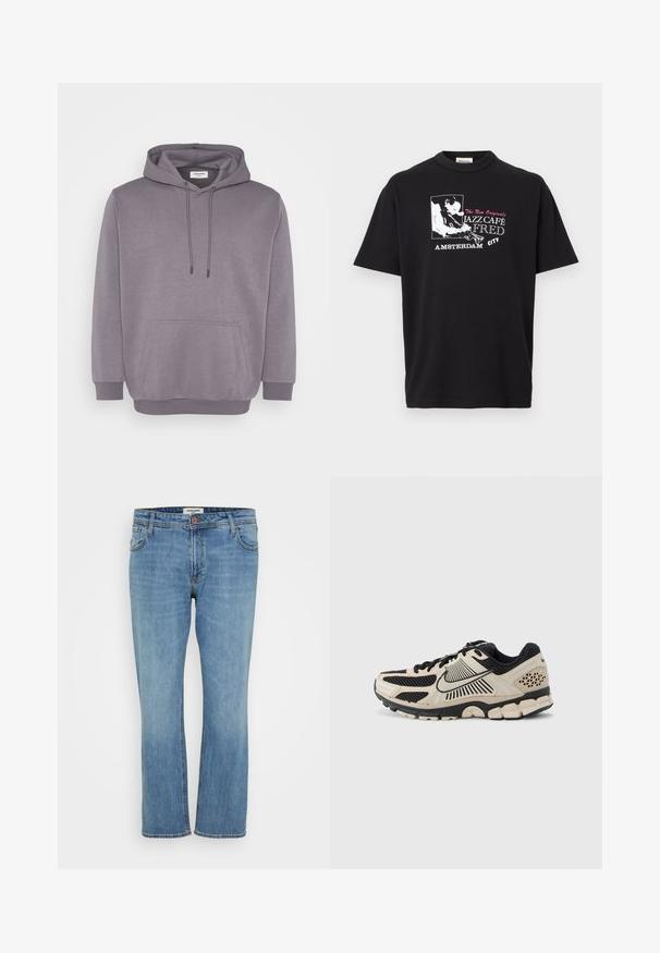 Grå hættejakke med snoretræk i hætten, frontlomme, ribbede manchetter og kant. Lavet af blødt bomuldsblandingsmateriale med en glat tekstur.; Sort T-shirt med grafik af en jazzmusiker, der spiller trompet, og teksten "Jazz Café Fred Amsterdam City" i hvid og pink.; Blå straight-leg denim jeans med knap- og lynlås, for- og baglommer samt synlig syning på hvid baggrund.; Nike løbesko i creme og sort. Har mesh-overdel, teksturerede detaljer, tyk gummiydersål og bemærkelsesværdigt mellemsål design.
