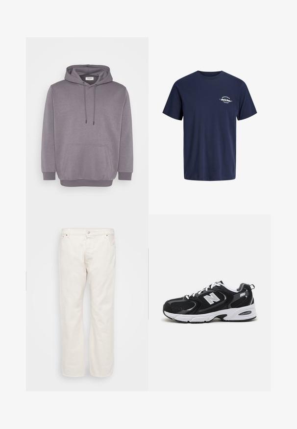 Grijze hoodie met een trekkoordcapuchon, voorpocket, ribgebreide manchetten en zoom. Gemaakt van een zachte katoenmix met een gladde textuur.; Marineblauw T-shirt met korte mouwen en ronde hals met kleine witte tekst "Definition of Jack & Jones" op de linkerborst.; Witte denim jeans met een rechte pasvorm, voorzien van een knoopsluiting, riemlussen en twee zijzakken. Gladde textuur, minimalistische details.; Zwarte en grijze sport schoenen met een bovenwerk van mesh en suede, voorzien van een witte tussenzool, veters en een gedurfde "N"-logo aan de zijkant.