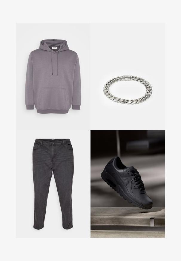 Grauer Kapuzenpullover mit Kordelzugkapuze, vorderer Tasche, gerippten Bündchen und Saum. Hergestellt aus einem weichen Baumwollmischgewebe mit glatter Textur.; Schwarze Denim-Jeans mit geradem Schnitt, ausgestattet mit einem Knopfverschluss, seitlichen Taschen und dezenten Verwaschungen, die einen klassischen Look verleihen.; Schwarze Nike Air Max Sneaker mit einem strukturierten Leder-Obermaterial, Gummisohle und auffälligem Schnürsystem, das ein schlankes, modernes Design präsentiert.; Silberner, massiver Kettenarmreif mit rechteckigem Verschlussmechanismus auf weißem Hintergrund.