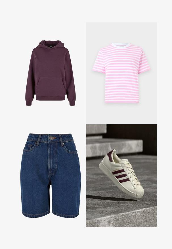 Paarse hoodie met lange mouwen, een voorzak, ribgebreide manchetten en een zoom. Gemaakt van zachte, gestructureerde stof.; Gestreept T-shirt met korte mouwen in roze en wit, met een ronde halslijn en zachte stof. Voorzien van horizontale strepen in verschillende breedtes.; Denim shorts in een donkerblauwe kleur, met een hoge taille, een vijf-pocket ontwerp en contrasterende oranje stiksels. De stof lijkt textuur te hebben.; Witte leren sneaker met kastanjebruine accenten, voorzien van het klassieke drie-strepen ontwerp, rubberen neuskap en gouden "SUPERSTAR" branding.