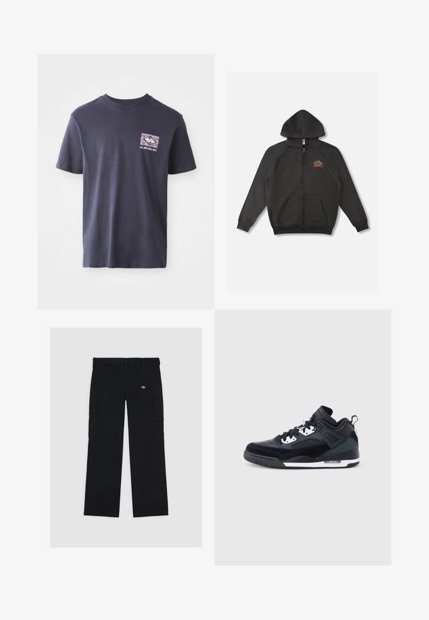 Sudadera negra con capucha y cremallera, con bolsillos delanteros y un pequeño logo en el pecho izquierdo que muestra estrellas y texto en rojo.; Camiseta de algodón azul marino con cuello redondo y mangas cortas. Presenta un estampado gráfico geométrico en púrpura y blanco en el lado izquierdo del pecho.; Pantalones cargo negros de algodón, con múltiples bolsillos, una textura suave y un parche con el logo en el bolsillo trasero derecho.; Zapatilla deportiva en blanco y negro que combina materiales de cuero y malla, con un cuello acolchado, paneles laterales perforados y una unidad de aire visible.