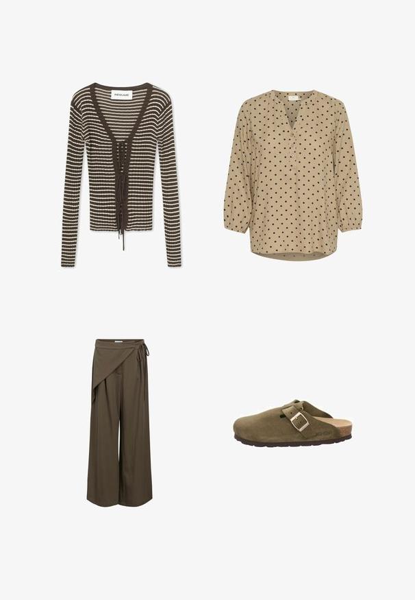 Brun og cremefarvet striped cardigan med V-hals, ribbet tekstur, lange ærmer og bindelukning foran. Mærket er "RÉSUMÉ."; Beige bluse med prikker, v-hals, knaplukning og lange puff-ærmer. Stoffet har en struktureret overflade med sorte cirkulære mønstre.; Brune vidde bukser med en omslagsdetalje og sidetie, lavet af let stof.; Grøn ruskindsklump med en bred rem og metalspænde, korksål og gummiydersål. Har et lille ventilationshul på overdelen.