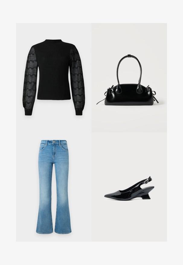 Pull noir avec une texture côtelée et un col haut, doté de manches en dentelle transparente à motif et de poignets ajustés.; Jean flare en denim bleu clair avec poches avant, passants de ceinture et fermeture à bouton sur un fond blanc.; Chaussure slingback en cuir verni noir avec bout pointu et petit talon bloc incliné sur fond clair uni.; Petit sac à main noir brillant avec deux longues anses et des détails à cordon sur les côtés sur un fond clair uni.