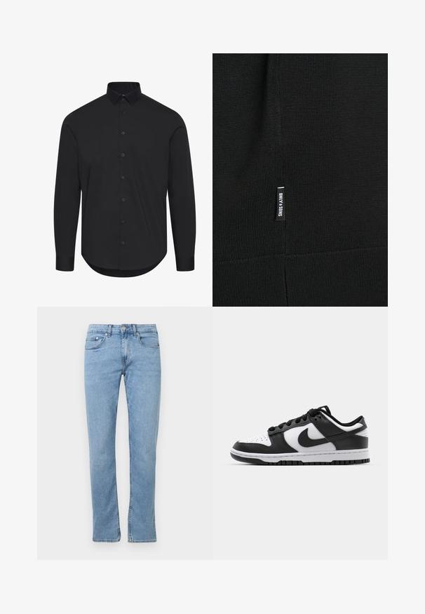 Sort strikket sweater med et struktureret, ribbet design. Indeholder et lille hvidt stofmærke med ordene "ONLY & SONS" på siden.; Sort langærmet skjorte lavet af glat stof, med en knap-ned krave og frontknapper, en buet kant og skræddersyet pasform.; Lysblå denimjeans med lige ben, featuring en lynlås og knaplukning, fem lommer og diskret falmning på stoffet.; Sort og hvid Nike Dunk sneakers med læderoverdel, perforeret tå, sorte snørebånd og en sort gummisål med slidbanedesign.
