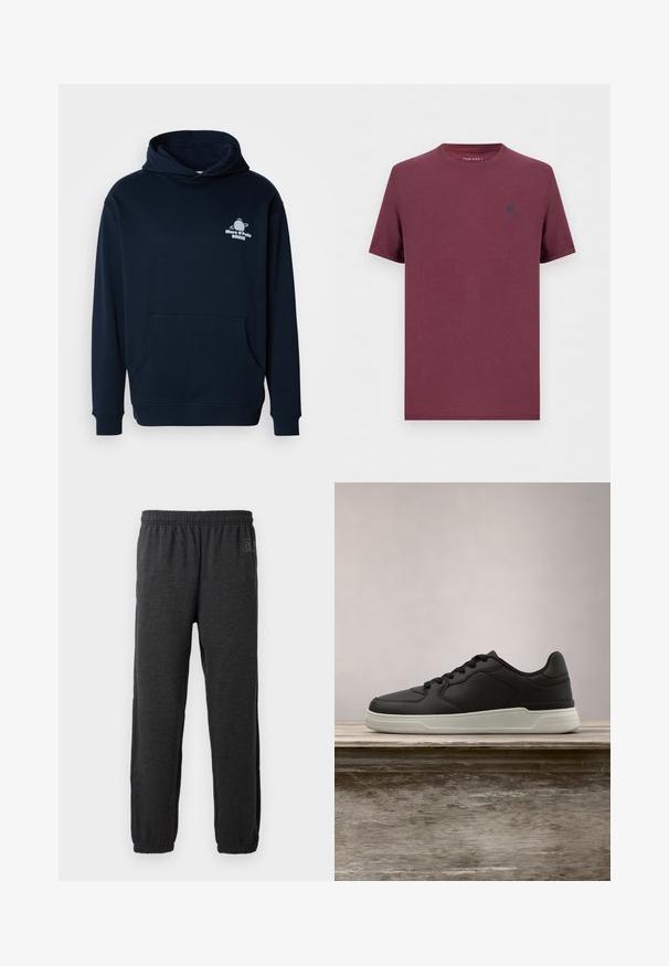 Marineblå hættepullover lavet af blødt stof, med en frontlomme, ribbede manchetter og en grafik af en planet med tekst på brystet.; Almindelig t-shirt med korte ærmer og rund hals i bordeaux med et lille mørkt emblem på venstre bryst fra Pier One.; Grå sweatpants lavet af blødt stof, med elastisk talje og indsnævrede ben med elastiske manchetter. Subtilt logo detalje på det ene ben.; Sort sneaker med hvid sål hængende over en træbænk, grønne blade i den slørede baggrund.