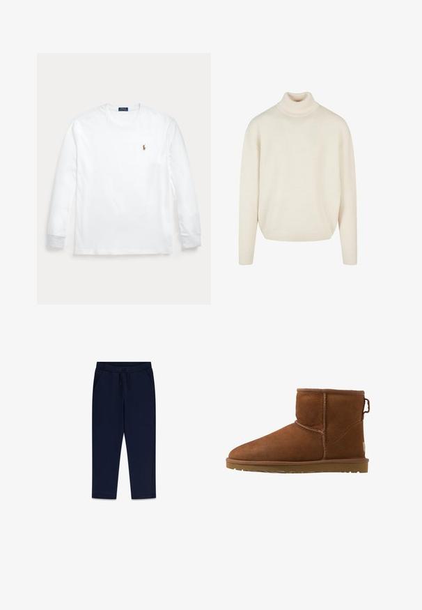 Cremfarbener Rollkragenpullover aus weichem, strukturiertem Strickstoff; hat einen lockeren Schnitt und gerippte Bündchen. Keine Muster oder Verzierungen.; Weißes Langarmshirt mit Rundhalsausschnitt und kleinem besticktem Polo Ralph Lauren-Logo auf der linken Brust.; Dunkelblaue Freizeithose mit elastischem Bund, Kordelzug und Seitentaschen, flach auf weißem Hintergrund ausgebreitet.; Braune Wildleder-Ankle Boots mit runder Zehenpartie, genähten Akzenten und gummierter Sohle. Mit einem Zugriemen an der Rückseite für ein einfaches An- und Ausziehen.