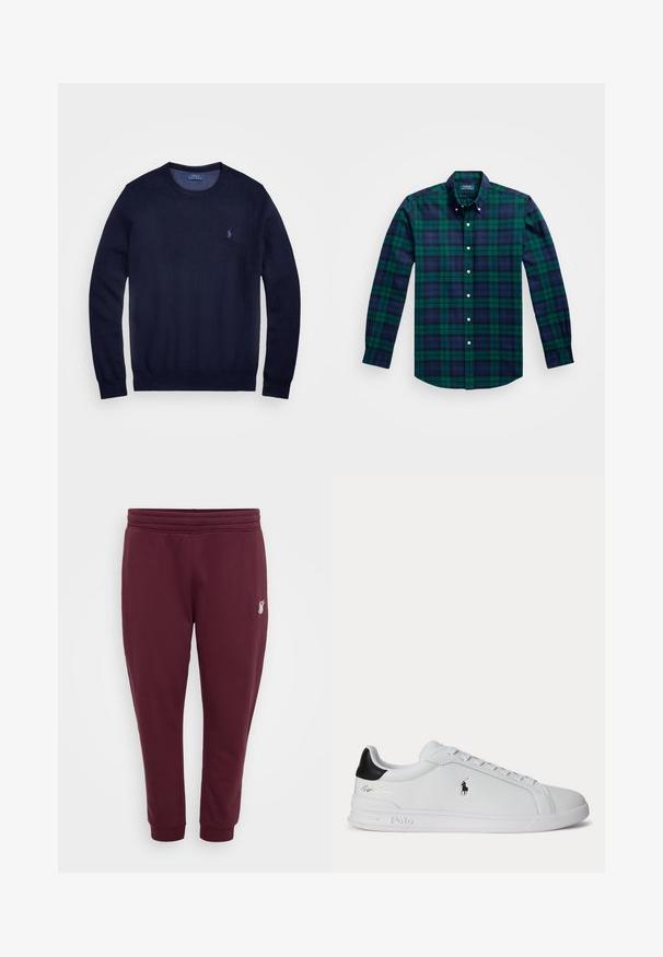 Tumesinine kudum sweater, ümar kaelus, pikad varrukad ja väikese tikitud logoga vasakul rinnal. Sile tekstuur.; Roheline ja tumesinine ruuduline särk pikkade varrukatega, nupuga krae ja valged nupud. Pehme kangas tekstuuriga mustriga. Väike logo rinnal.; Burgundia värvi dressipüksid, mis on valmistatud pehmest kangast, omavad elastset vööd, mansette pahkluudes ja väikest tikandiga logo vasakus reies.; Valge madala säärega toss musta kandumärgiga, paelte ja Polo Ralph Laureni logoga küljel, reljeefsete talladetailidega.