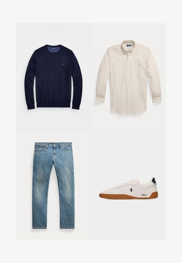 Suéter de punto azul marino con cuello redondo, mangas largas y pequeño logo bordado en el lado izquierdo del pecho. Textura suave.; Camisa de manga larga beige y blanca con rayas verticales, cierre de botones, cuello con botones y pequeño logotipo bordado en el pecho.; Vaqueros de mezclilla azul claro de corte recto con bolsillos delanteros, trabillas para cinturón, cierre de botón y detalles ligeramente descoloridos.; Zapatilla blanca de estilo bajo con suela de goma marrón, logo negro de Polo Ralph Lauren en el lateral y texto "RL" en la parte del talón.