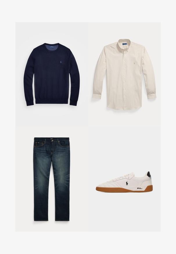 Mørkeblå strikket sweater med rund hals, lange ærmer og lille broderet logo på venstre bryst. Glat tekstur.; Langærmet beige og hvid langstribet skjorte med knapper foran, knaplukket krave og et lille broderet logo på brystet.; Mørkeblå denimjeans med subtil falming på forreste lår og orange syninger, med knap- og lynlåslukning samt fem lommer.; Hvid lav sneakers med brun gummisål, sort Polo Ralph Lauren-logo på siden og "RL" tekst på hælområdet.