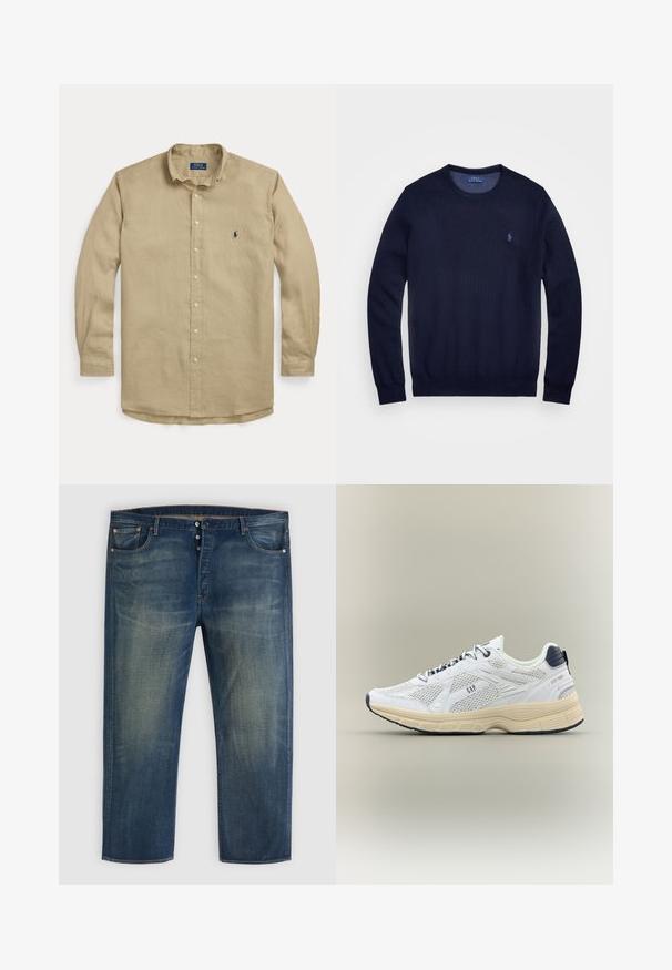 Tumesinine kudum sweater, ümar kaelus, pikad varrukad ja väikese tikitud logoga vasakul rinnal. Sile tekstuur.; Beežika pikkade varrukatega nööbitav särk krae, eesnuppude ja väikese tumesinise tikitud logoga vasakul rinnal.; Sinine denimist teksade püksid nööbiga, klassikaline viie tasku disain ning kulunud detailid reite ja põlvede piirkonnas.; Valge ja beež spordijalats võrgumaterjalist paneelidega, GAP-logo küljel, tume talla ja pehmendatud kannakraega ühevärvilisel taustal.