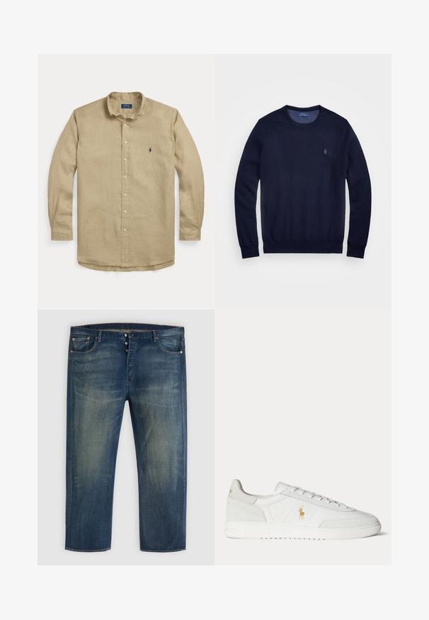Tumesinine kudum sweater, ümar kaelus, pikad varrukad ja väikese tikitud logoga vasakul rinnal. Sile tekstuur.; Beežika pikkade varrukatega nööbitav särk krae, eesnuppude ja väikese tumesinise tikitud logoga vasakul rinnal.; Sinine denimist teksade püksid nööbiga, klassikaline viie tasku disain ning kulunud detailid reite ja põlvede piirkonnas.; Valge madala säärega tennisking paeltega, kuldse Polo Ralph Laureni logoga küljel ja tekstureeritud tallaga ühevärvsel taustal.