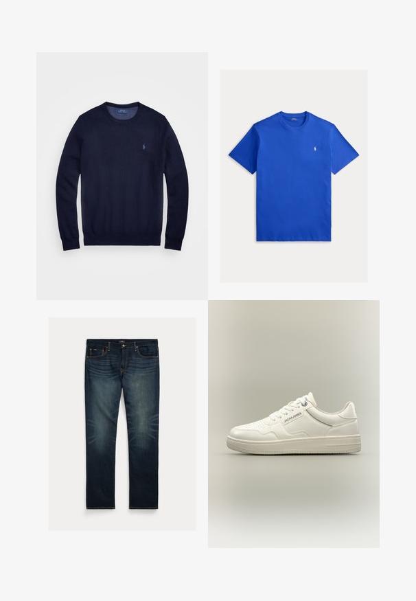 Mørkeblå strikket sweater med rund hals, lange ærmer og lille broderet logo på venstre bryst. Glat tekstur.; Blå T-shirt med korte ærmer og rund hals med lille hvid polo-spiller logo på venstre bryst, lagt fladt på en lys baggrund.; Mørkeblå denimjeans med lige ben, subtil falmning nær knæene og orange syninger på lommer og sømme.; Hvid lavtop sneaker med snørebånd, perforeret tå og "JACK & JONES" branding på siden og tungen mod en neutral baggrund.