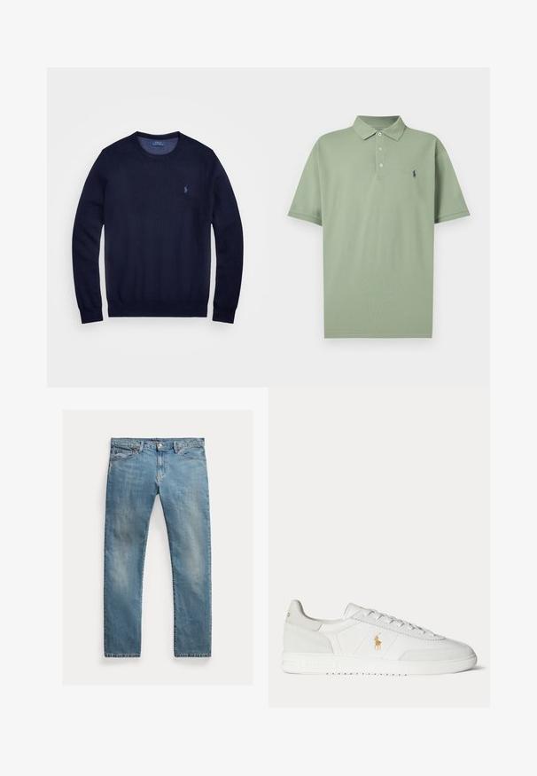 Tmavomodrý pletený sveter s kruhovým výstrihom, dlhými rukávmi a malou vyšitou logom na ľavej hrudi. Hladká textúra.; Svetlozelené polo tričko s krátkym rukávom, golierom, tromi gombíkmi a malým tmavým logom na ľavej strane hrude.; Svetlomodré riflové nohavice s rovnými nohavicami, zapínanie na gombíky, päť vreciek, jemné vyblednutie a akcenty v šití.; Biela nízka teniska so šnurovaním, zlaté logo Polo Ralph Lauren na boku a textúrovaná podrážka na jednofarebnom pozadí.