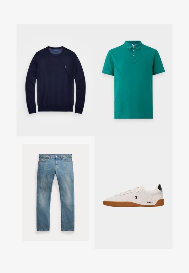Marineblauwe gebreide trui met een ronde hals, lange mouwen en een klein geborduurd logo op de linkerborst. Glad van structuur.; Teal poloshirt met korte mouwen, twee witte knopen, klassieke kraag en subtiel geborduurd logo op de borst.; Lichtblauwe denim jeans met een rechte pasvorm, knoopsluiting, vijf zakken, subtiele vervaging en stikselaccenten.; Witte lage sneaker met een bruine rubberen zool, zwart Polo Ralph Lauren-logo aan de zijkant en de tekst "RL" op het hielgedeelte.