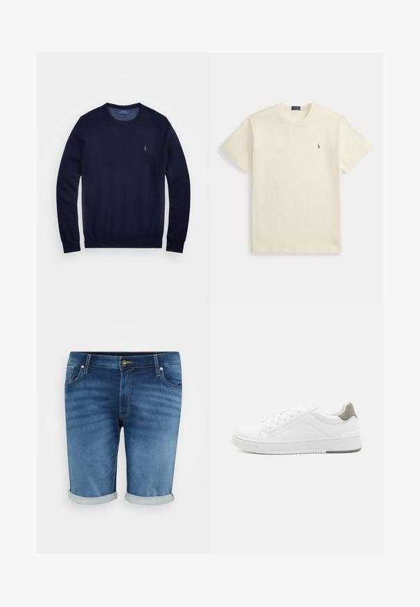 Tumesinine kudum sweater, ümar kaelus, pikad varrukad ja väikese tikitud logoga vasakul rinnal. Sile tekstuur.; Kreemivärviline lühikeste varrukatega Polo Ralph Laureni t-särk ümara kaelusega ja väikese tikitud logoga vasakul rinnal.; Keskmise sinise tooniga teksashortsid, millel on kerge kulumine, nupuvajutus, viis taskut ja rullitud servad, et saavutada lõdvestunud välimus.; Valge tenniseking sileda nahaga, ümar varvas, minimalistlik disain, hall kand, ja tekstureeritud kummist tald.