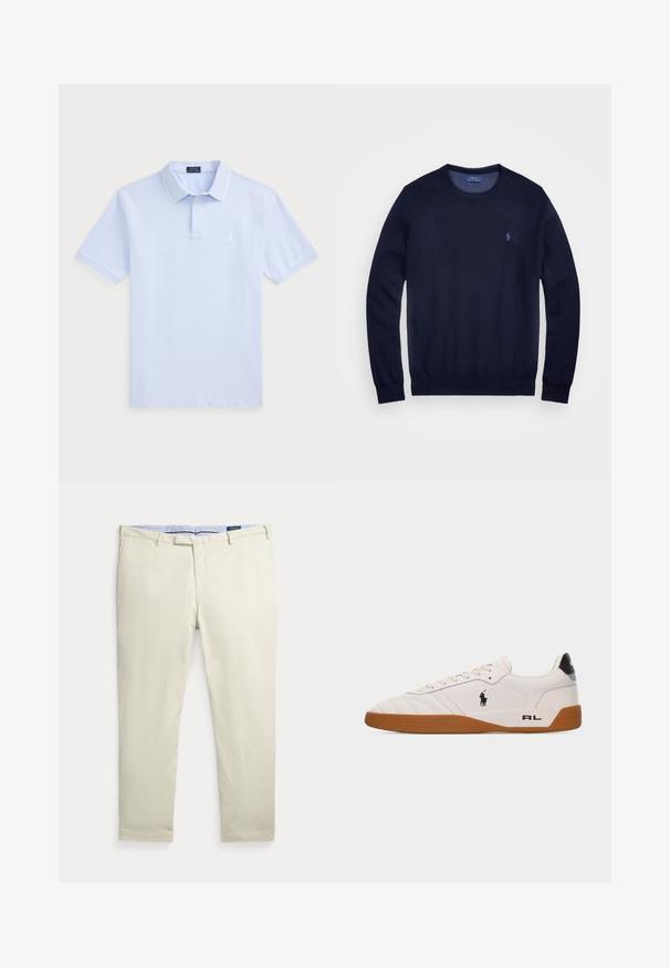 Mørkeblå strikket sweater med rund hals, lange ærmer og lille broderet logo på venstre bryst. Glat tekstur.; Lyseblå bomulds polo T-shirt med korte ærmer, klassisk krave, hvide detaljer og et lille logo på venstre bryst.; Beige herrebukser med lige ben, bæltestropper og forlommer, lagt fladt på en hvid baggrund.; Hvid lav sneakers med brun gummisål, sort Polo Ralph Lauren-logo på siden og "RL" tekst på hælområdet.