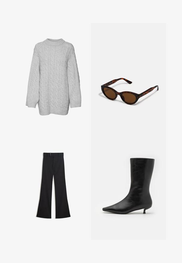 Lys grå kabelstrikket sweater med høj hals, oversized pasform og lange ærmer. Ribbet manchetter og kant tilføjer tekstur og detaljer.; Sorte vidde bukser med høj talje, dobbelte knapper ved linningen og lynlås foran, lagt fladt på en hvid baggrund.; Sort læder ankelstøvle med spids tå, tætsiddende silhuet og lav, konisk hæl. Glat tekstur, minimalistisk design.; Brune skildpadde solbriller med en vintage katteøje-form og brune linser. Har buede arme med røde detaljer.