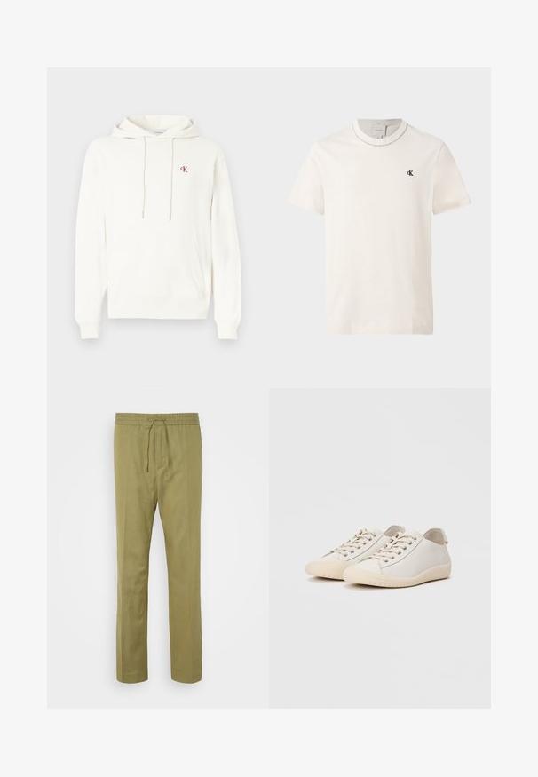 Sweat à capuche blanc en mélange de coton, avec une poche kangourou, une capuche à cordon de serrage et un petit logo CK rouge sur la poitrine.; T-shirt Calvin Klein à manches courtes couleur écru avec col rond et petit logo noir "cK" sur la poitrine gauche.; Pantalons vert olive clair en tissu doux et léger. Dotés d'une taille élastique avec cordon de serrage et de jambes droites.; Baskets blanches en cuir lisse avec des coutures ton sur ton, fermeture à lacets, bout arrondi et semelle en caoutchouc texturée.